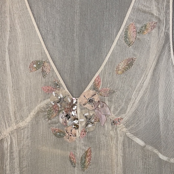 Rebecca Taylor 100% Silk Deep V-Neck Embellished Cream Shell/Tank/Blouse - Picture 3 of 12